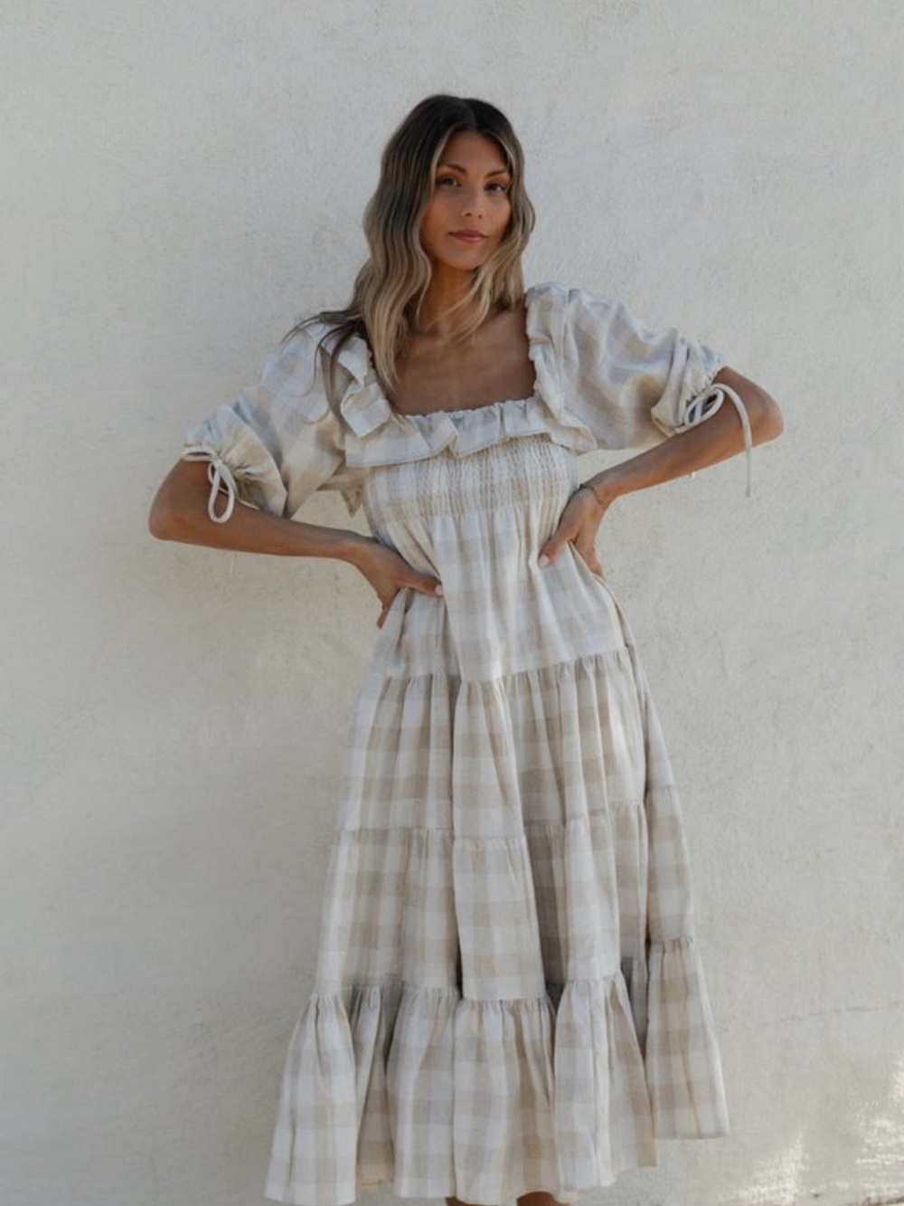 Worth Collective Smocked Square Neck Beige Gingham Midi Dress